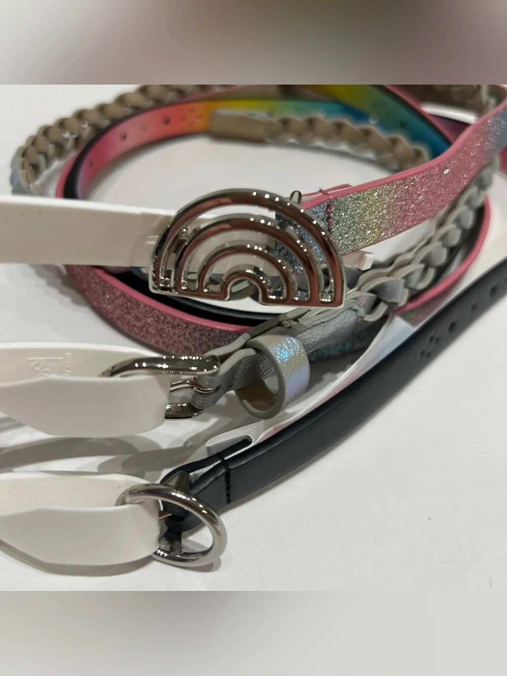 Set of 5 Girls' Glitter & Braided Belts - Pink Rainbow, Black, Iridescent New